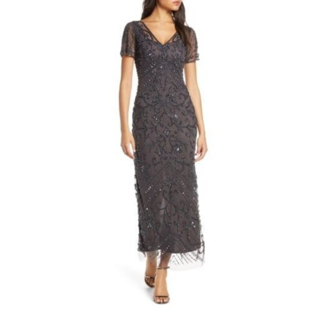 Pisarro Nights Women's Beaded Mesh Column Sheer Sleeves Gown Maxi Dress Size 8